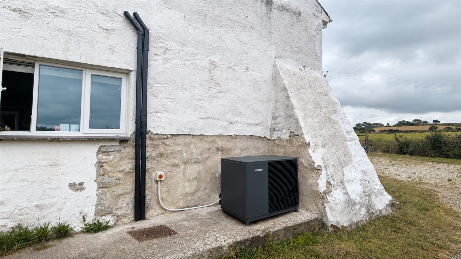 Stiebel Eltron air source heat pump fitted against the cottage's original stone and render wall