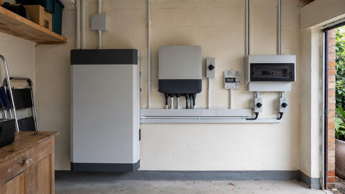Solar battery storage and inverter installed in a garage